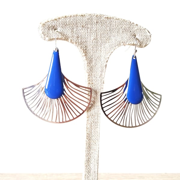 Boucles d'oreilles argent et bleu roi, feuille de ginkgo