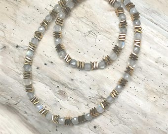 Square gemstone necklace labradorite chrysocolla sunstone garnet gold hematite stainless steel