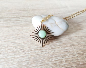 Collier pendentif soleil, Pierre aventurine, Collier acier or, Cadeau anniversaire