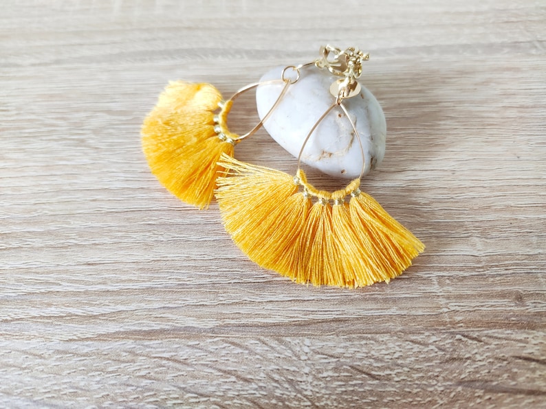 Long CLIPS earrings, pompoms on oval creole, bohemian jewelry Yellow