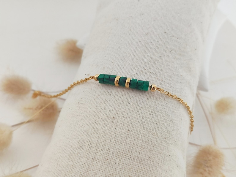 Bracelet fin or, Bracelet pierres naturelles, Bracelet or et pierres, Cadeau pour elle Malachite