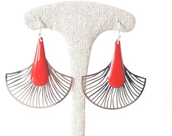 Earrings, ginkgo leaf, red and silver, art deco style