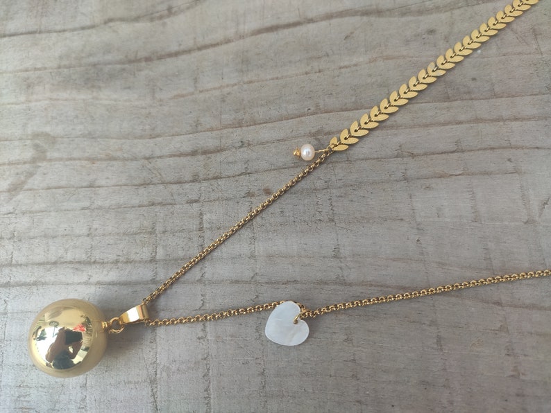 gold pregnancy bola with mother-of-pearl heart and freshwater pearl. image 3