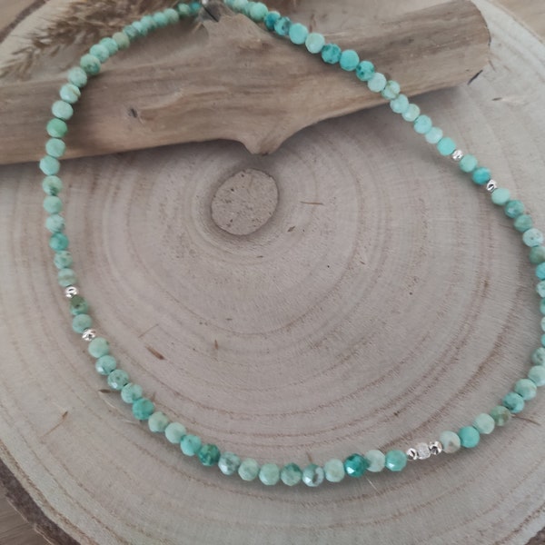 Collier de perles turquoise naturelle, Argent 925, Turquoise facettée, Qualité AAA, Ras de cou pierres naturelles