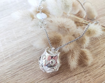 Silver pregnancy bola, Owl bola, Silver owl, Steel chain, Silver stars, Pregnant woman gift, Future mother