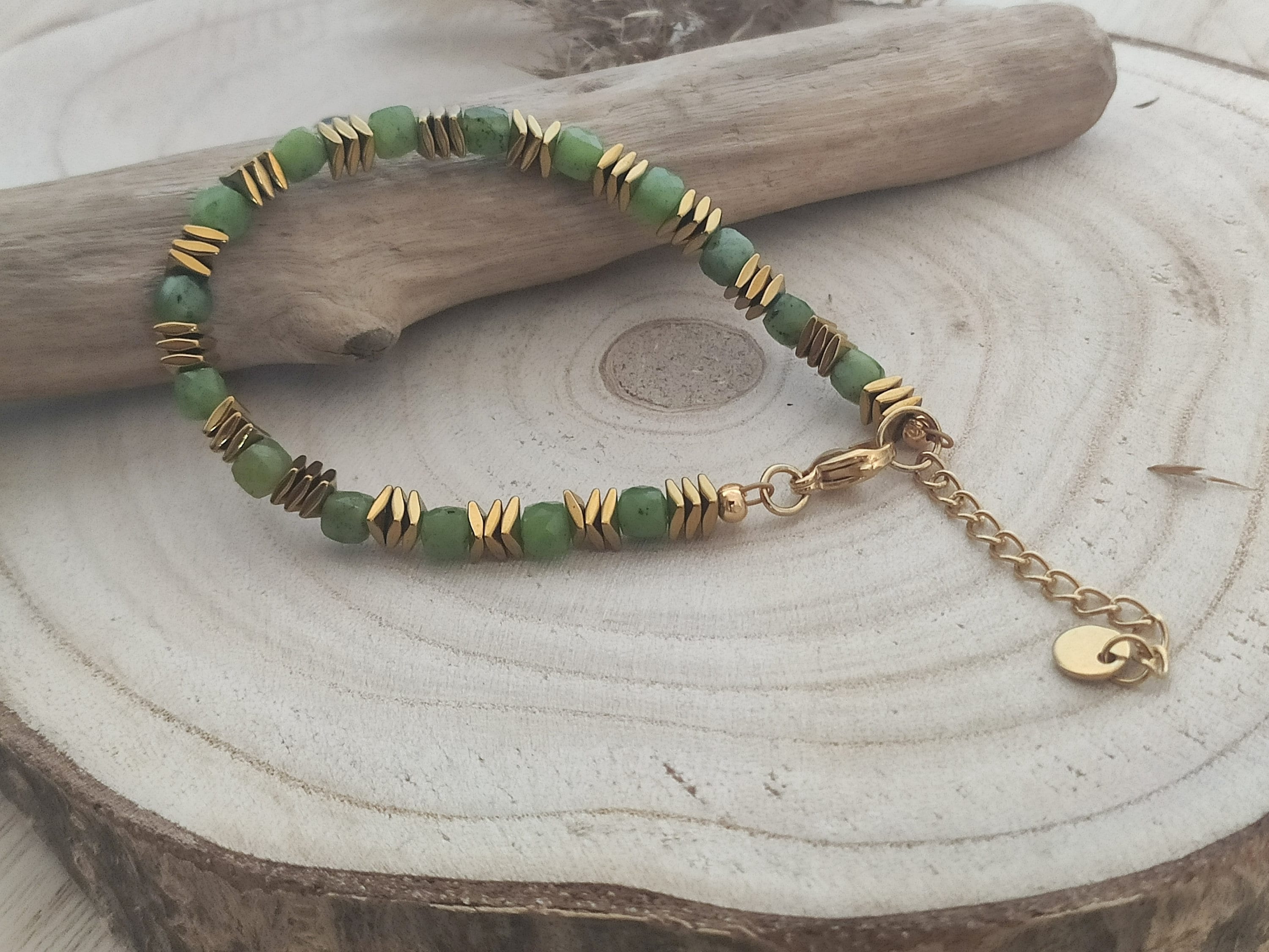 Nephrite jade bracelet, gold-plated hematite, natural stone bracelet, green jade