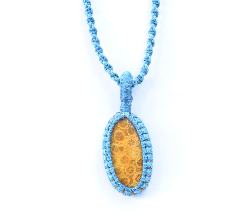 Fossil C Macrame Pendant Yellow Stone Necklace Handmade