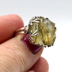 Gorgeous Rutilated Quartz Cushion Cut Sterling Silver Ring, Unique Artisan Statement ring, Animal design yellow brown gemstone elegant ring