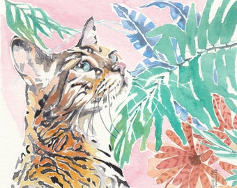 Original watercolor painting Bengal cat 16 X 16 cm (6.30 X 6.30 inches)