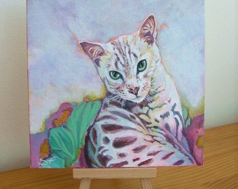 Original acrylic painting Mini canvas Tabby Cat 15 x 15 cm