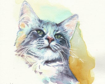 Original Watercolor Painting Gray Cat 24 X 18 cm (9.45 X 7 inches)