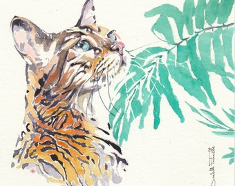 Peinture aquarelle originale Chat du Bengal 16 X 16 cm (6.30 X 6.30 inches)