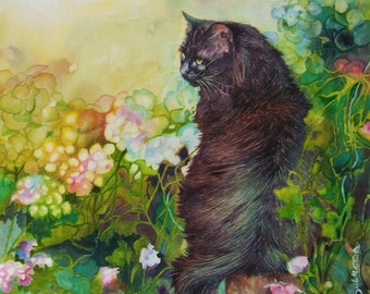 Original watercolor painting Black Siberian Cat 30 X 30 cm (11.81 X 11.81 inches)