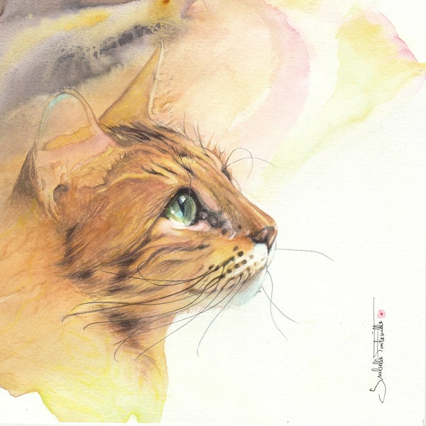 Peinture déco Aquarelle  Originale Chat roux 16 X 16 cm (6.30 X 6.30 inches)