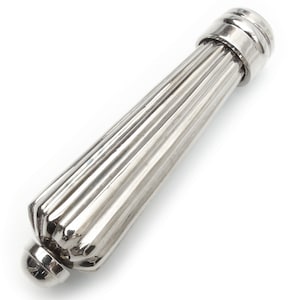 May include: A silver door handle with a fluted design. The handle is cylindrical and has a rounded end.