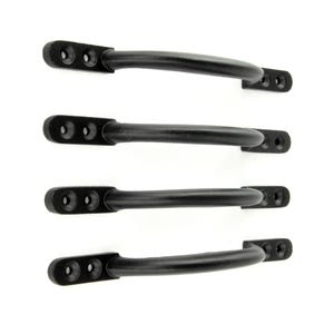 May include: Four black metal cabinet pulls with a curved handle design. Each pull has a rectangular base with three screw holes for mounting. The handles are slightly curved and have a matte finish.