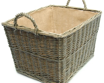 Large Vintage Wash Grey Willow Tapered Basket with Handles & Hessian Liner