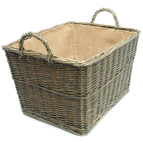 Large Vintage Wash Grey Willow Tapered Basket with Handles & Hessian Liner