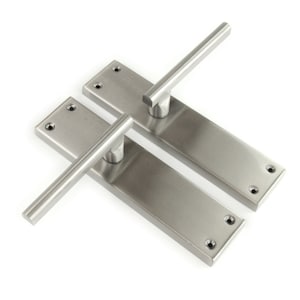 May include: Two brushed nickel door handles with a rectangular base and a long, straight lever.