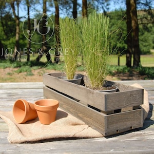 May include: A rustic wooden planter box with two potted plants. The planter is made of weathered wood and has a grey stain. The plants are green and have long, thin leaves. The planter is sitting on a wooden table with a hessian sack in front of it.