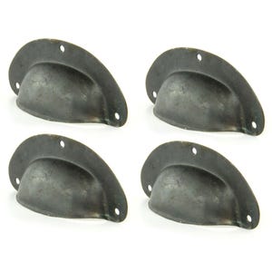 May include: Four dark grey metal cup pulls in an antique style. Each pull has a semi-circular shape with three screw holes and a slightly distressed finish. These pulls are designed for drawers or cabinets.