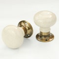 Jones & Grey Cream Ceramic Crackle Glaze Round Door Knobs Mortice Handles Antique Brass