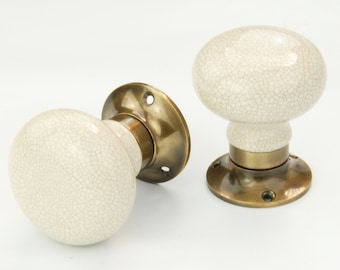 Cream Door Knobs Ceramic Crackle Glaze Round Mortice Handles Antique Brass