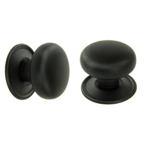 May include: Two black oval cabinet knobs with a matte finish. Each knob has a rounded oval shape and a circular base. The knobs are designed for easy installation and add a touch of elegance to any cabinet or drawer.