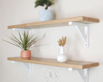 Rustic Solid Wood Wall Shelf Light Oak with White Wooden Brackets