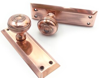 Jones & Grey Bellport New York Antique Copper Solid Brass Round Knobs Door Handles on Backplate