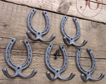 A set of 5 Vintage Antique Horseshoe Style Cast Iron Double Hooks