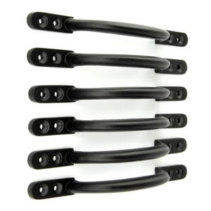 May include: Six black metal cabinet handles. Each handle has a curved bar with rounded ends and a rectangular base with three screw holes. The handles are arranged vertically against a white background.