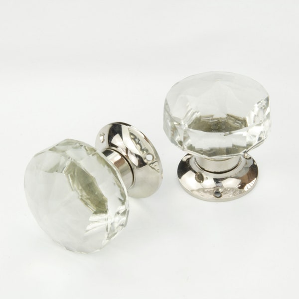 Jones & Grey Clear Glass Round Door Knobs Mortice Handles - Polished Nickel