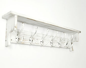 Large 6 Hooks Vintage Distressed White Coat Rack Shelf with Cast Iron Hooks