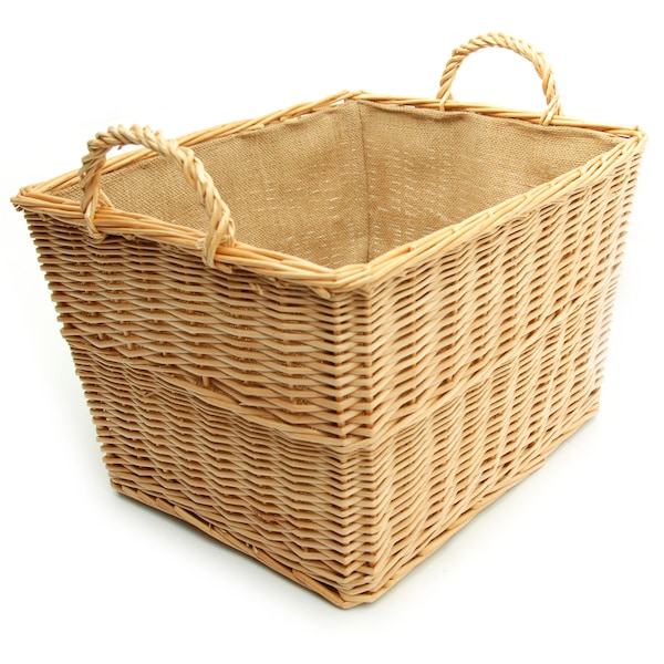 Large Rectangle Natural Willow Tapered Basket with Carry Handles & Hessian Liner