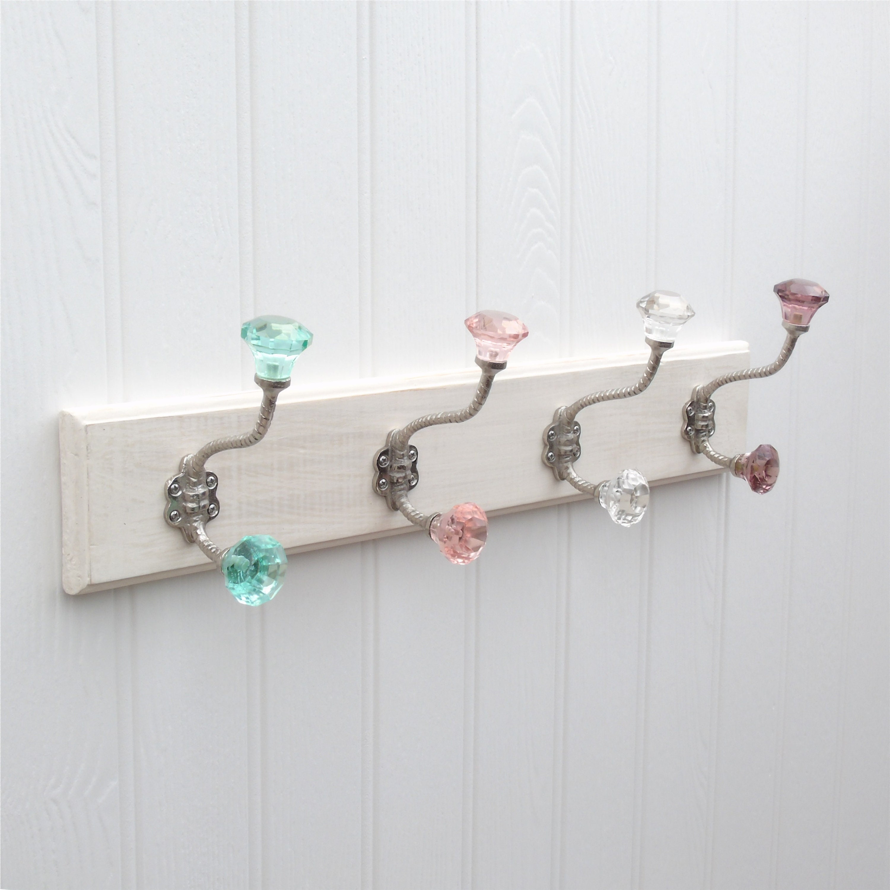 A Distressed White Vintage Style Wooden Wall Mounted Coat Rack With Cast Iron Glass Hooks Etsy UK