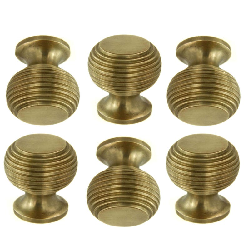 Set of 6 Unlacquered Reeded Solid Brass Knobs Handles Kitchen Door ...