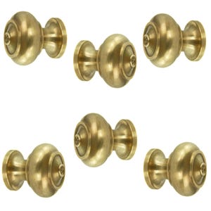 May include: Six brass cabinet knobs with a classic, rounded design. Each knob features a circular base and a spherical body with a decorative centre. The knobs are arranged against a white background, showcasing their polished, golden finish.