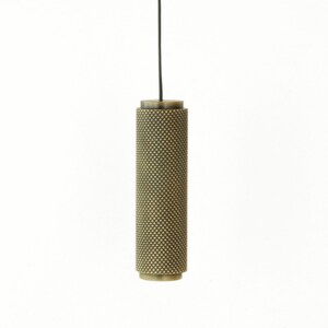 May include: A cylindrical, brass-coloured pendant light fitting with a textured, diamond-patterned surface. The light hangs from a thin, black cord against a white background. The fitting is for interior lighting.