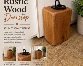 Slim Solid Natural Oak Door Stop with Industrial Fitting. Heavy Wooden Door Stop. Oak Block Doorstop with Metal Ring Handle.
