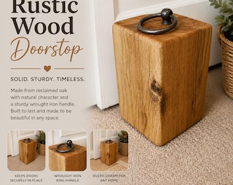 Solid Reclaimed Oak Door Stop with Wrought Iron Ring Handle – Rustic Farmhouse Decor