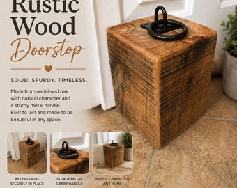 Solid Heavy Oak Door Stop-Sawn Effect with Black Ring Plate