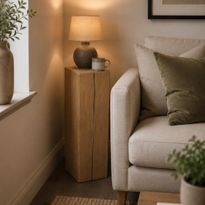 May include: A small lamp with a beige lampshade sits on a natural wood side table. A small mug is beside the lamp. The scene includes a beige sofa with green cushions, a small rug, and a framed picture. The table is approximately 40 cm wide.