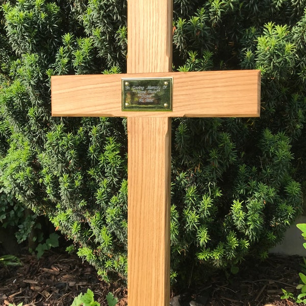 Premium Oak Memorial Cross 44" Grave Marker & Personalised Plaque