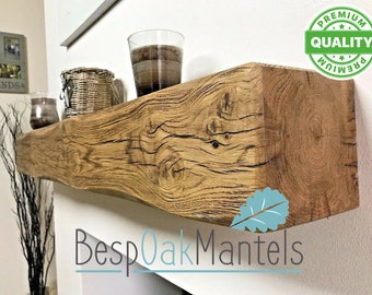 May include: A rustic wooden shelf with a natural wood finish. The shelf is mounted on a white wall and has a few items on it, including a glass jar, a wicker basket, and a glass vase. The shelf is labeled "Bespoak Mantels" and has a "Premium Quality" sticker on the right side.