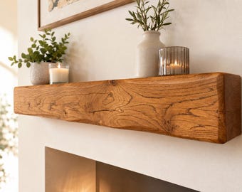 Rustic Oak Fireplace Mantel Beam, Handmade Wooden Shelf (12cm x 12cm)