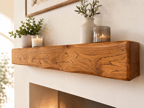 12cm x 12cm Rustic Oak Fireplace Mantel Beam, Handmade Wooden Shelf