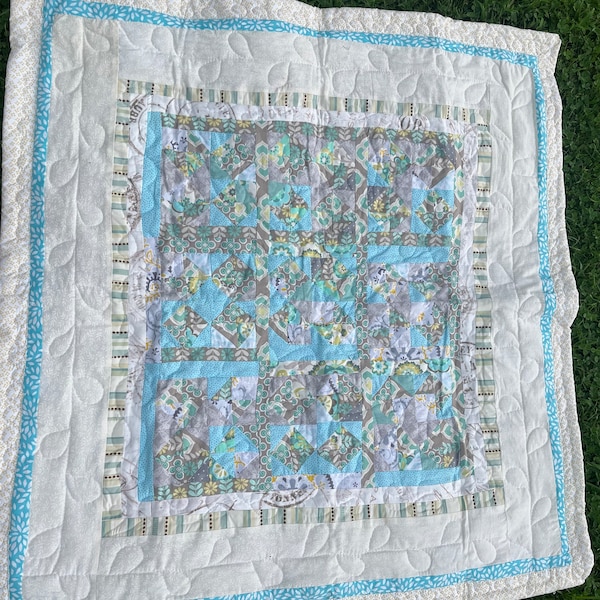 Handmade Baby Quilt: Teal, Beige, and Grey Patchwork