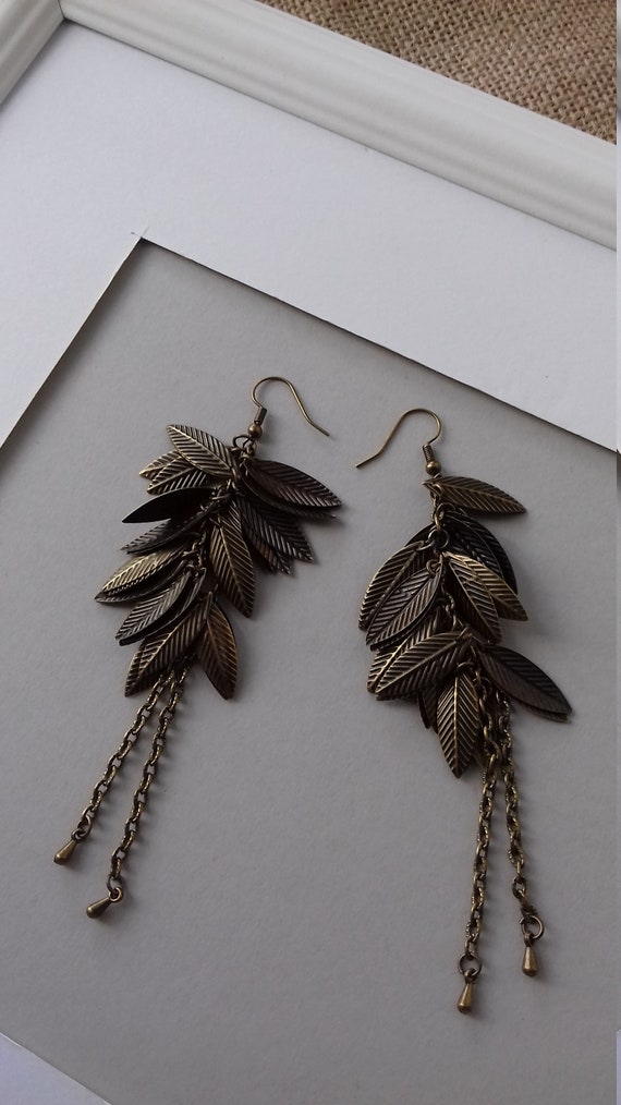 Bronze leaf earrings, very long
