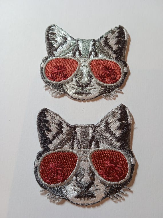 cat with glasses embroidered iron-on patch